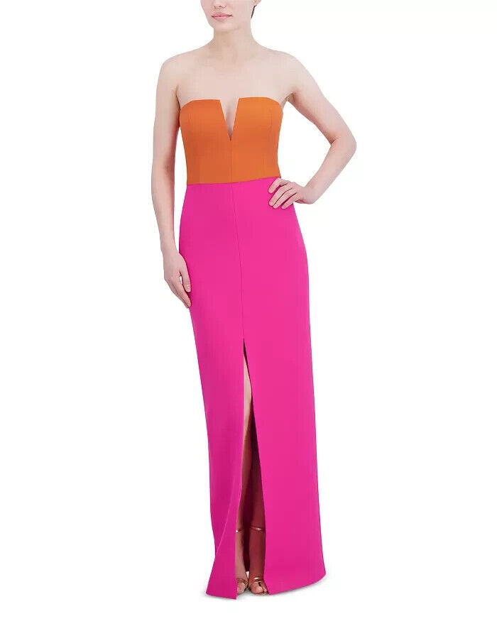 BCBGMAXAZRIA Color Blocked Strapless Gown Women's 0 Orange/Pink Back Zip Closure