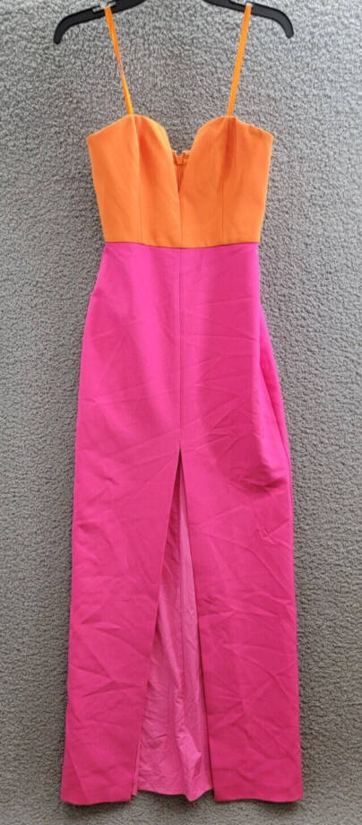 BCBGMAXAZRIA Color Blocked Strapless Gown Women's 0 Orange/Pink Back Zip Closure
