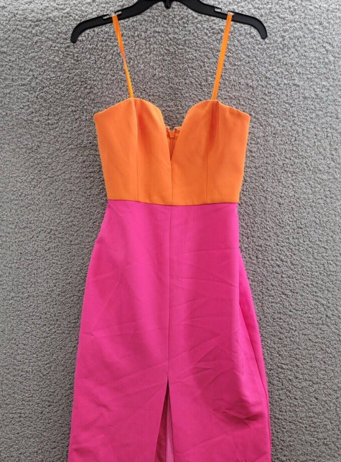 BCBGMAXAZRIA Color Blocked Strapless Gown Women's 0 Orange/Pink Back Zip Closure