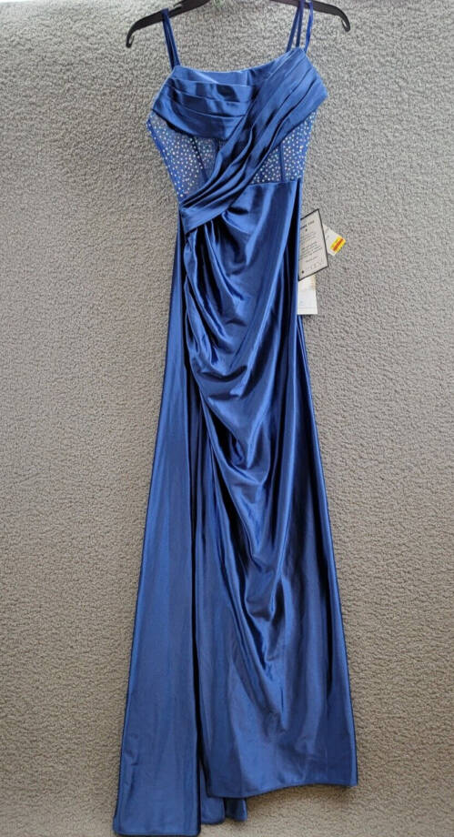 Say Yes Pleated Illusion-Trim Corset Sleeveless Gown Juniors' 1/2 Navy Back Zip