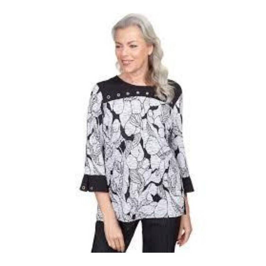 Alfred Dunner Petite World Traveler Floral Jacquard Bordered Top Womens PL Multi