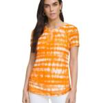 Calvin Klein Drawstring-Side Printed Top Women's M Turmeric Combo Short Sleeve