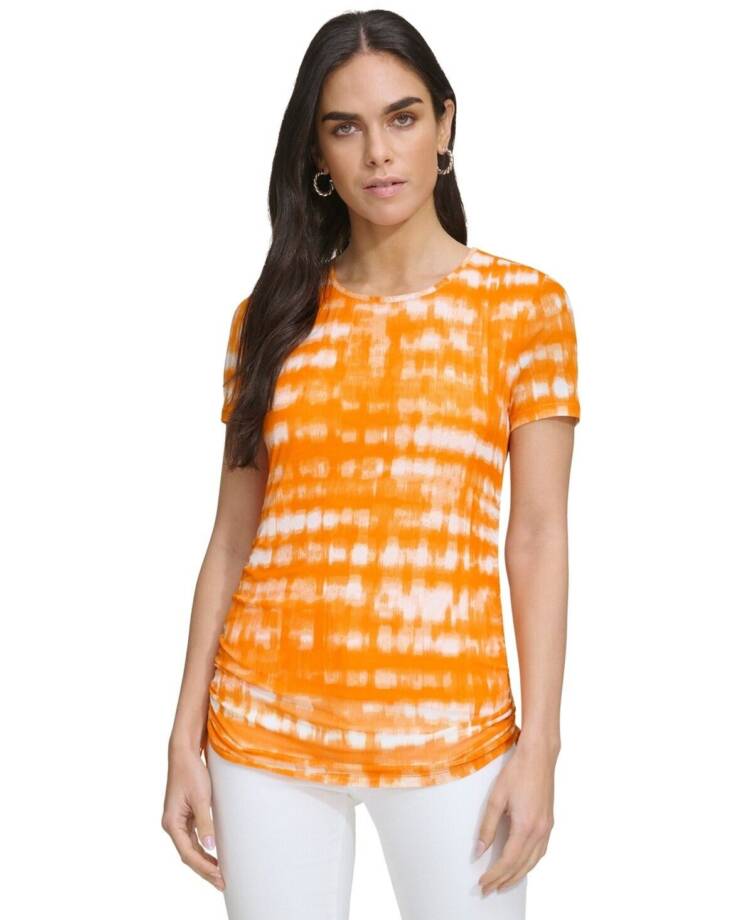 Calvin Klein Drawstring-Side Printed Top Women's M Turmeric Combo Short Sleeve