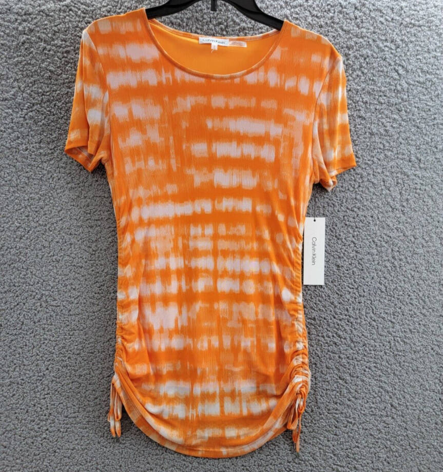 Calvin Klein Drawstring-Side Printed Top Women's M Turmeric Combo Short Sleeve
