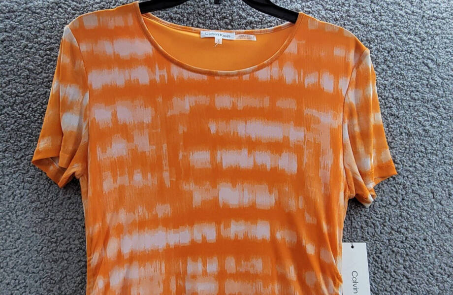 Calvin Klein Drawstring-Side Printed Top Women's M Turmeric Combo Short Sleeve