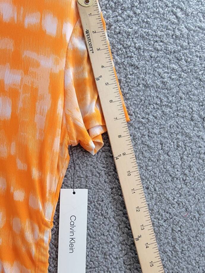 Calvin Klein Drawstring-Side Printed Top Women's M Turmeric Combo Short Sleeve