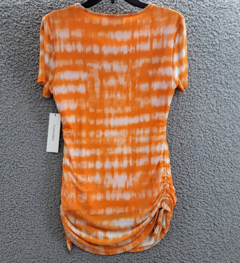 Calvin Klein Drawstring-Side Printed Top Women's M Turmeric Combo Short Sleeve