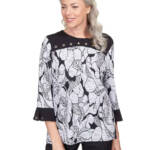 Alfred Dunner Petite World Traveler Floral Jacquard Bordered Top Womens PS Multi