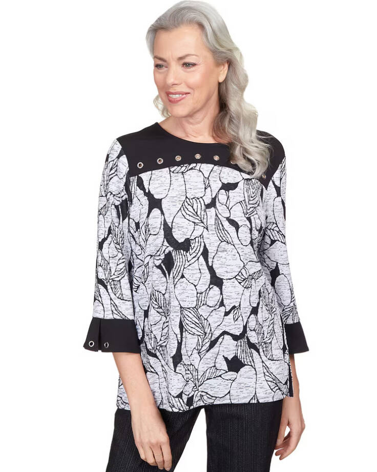 Alfred Dunner Petite World Traveler Floral Jacquard Bordered Top Womens PS Multi