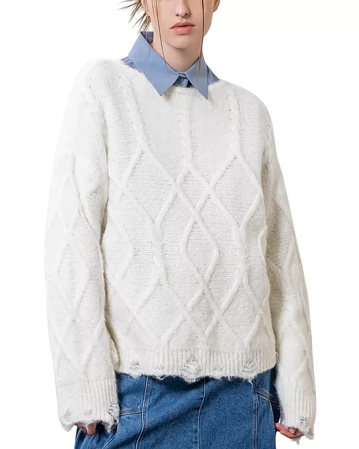 Moon River Destroyed Cable Sweater Women's XS/S Ivory Boat Neck Ribbed Hemline