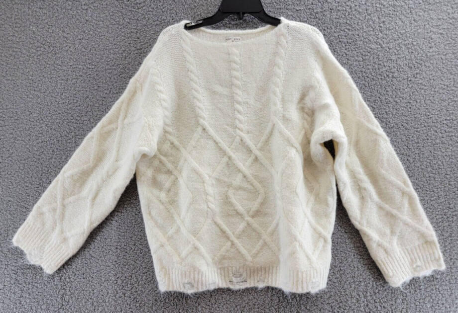 Moon River Destroyed Cable Sweater Women's XS/S Ivory Boat Neck Ribbed Hemline
