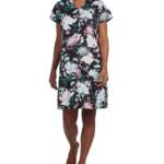 Miss Elaine Short-Sleeve Floral Snap Robe Women's M Black Multi Printed V-Neck