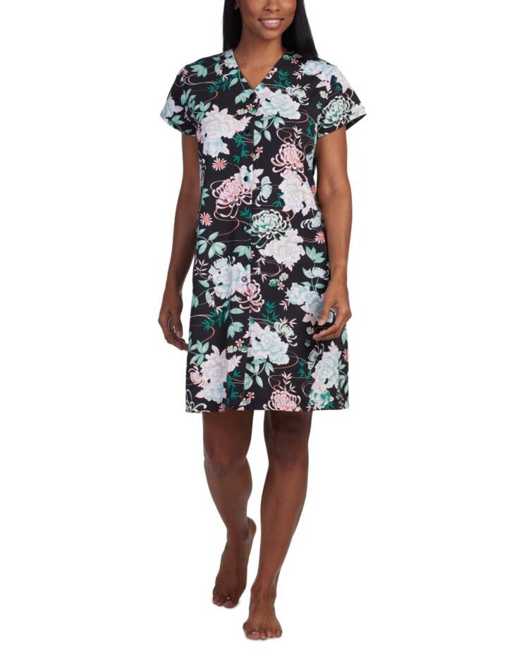 Miss Elaine Short-Sleeve Floral Snap Robe Women's M Black Multi Printed V-Neck