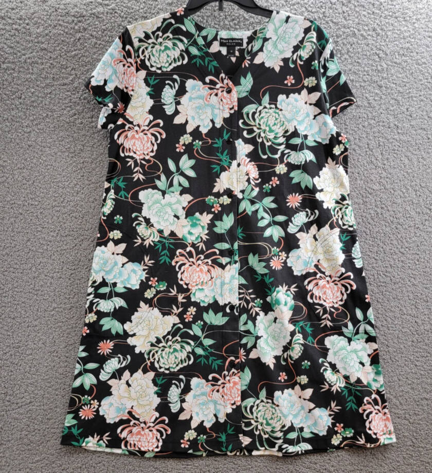 Miss Elaine Short-Sleeve Floral Snap Robe Women's M Black Multi Printed V-Neck