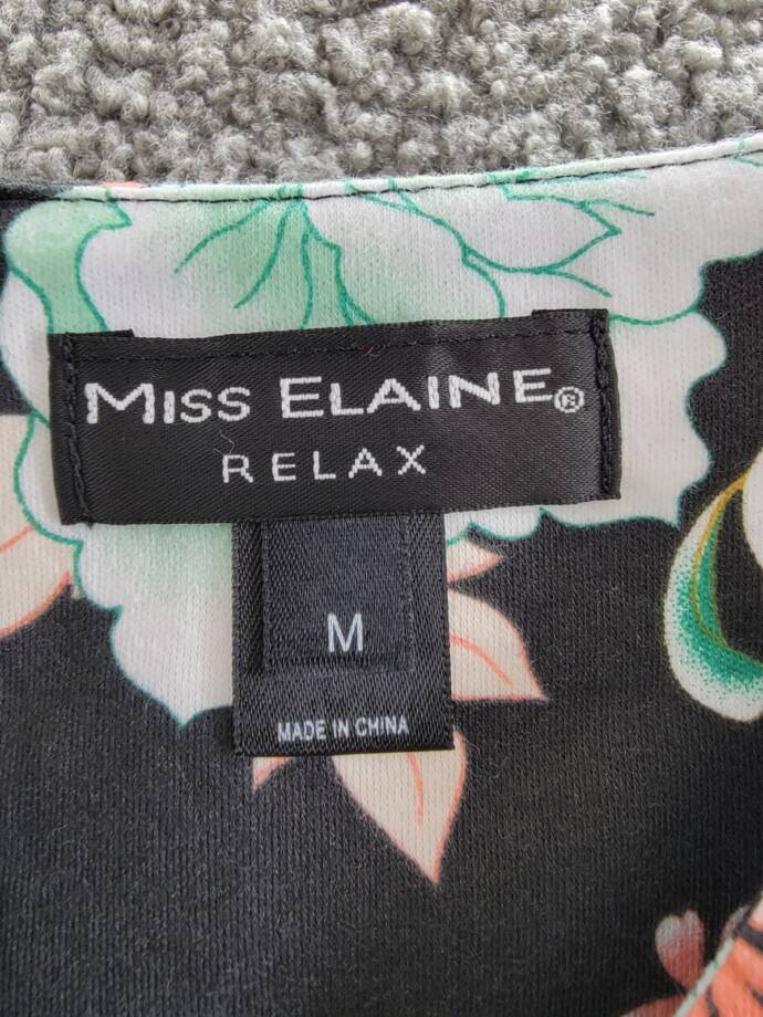 Miss Elaine Short-Sleeve Floral Snap Robe Women's M Black Multi Printed V-Neck