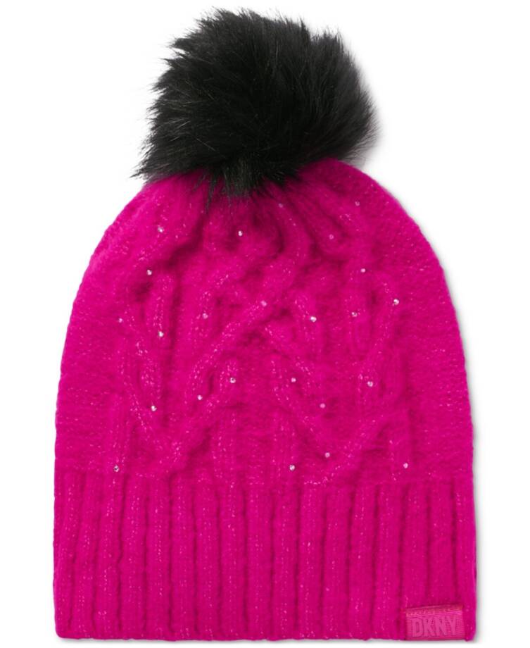 DKNY Stud Embellishments Cable-Knit Pom Pom Hat Women's One Size Fuchsia