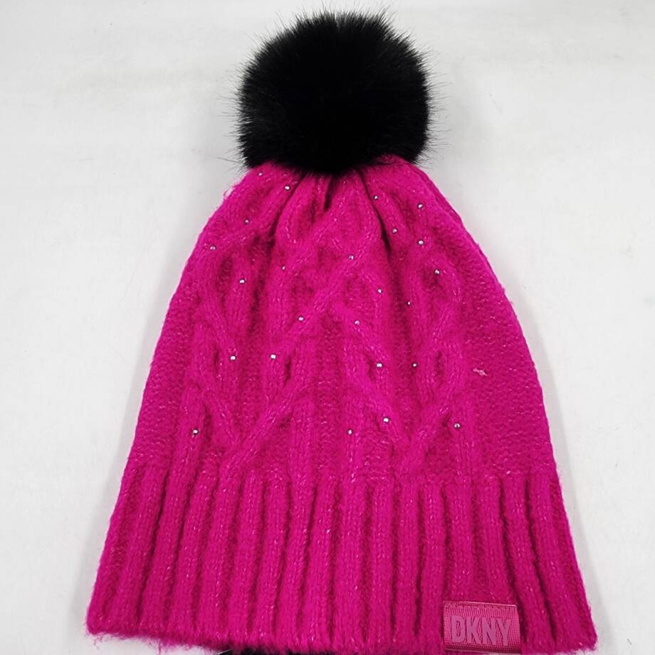 DKNY Stud Embellishments Cable-Knit Pom Pom Hat Women's One Size Fuchsia