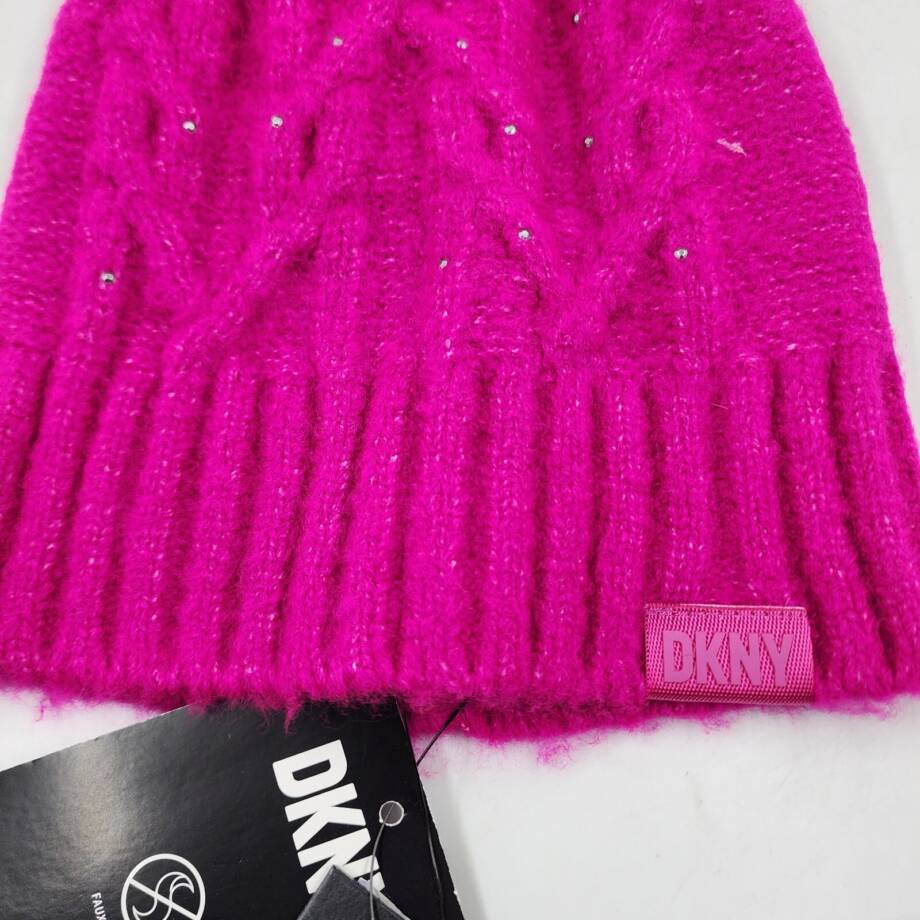 DKNY Stud Embellishments Cable-Knit Pom Pom Hat Women's One Size Fuchsia