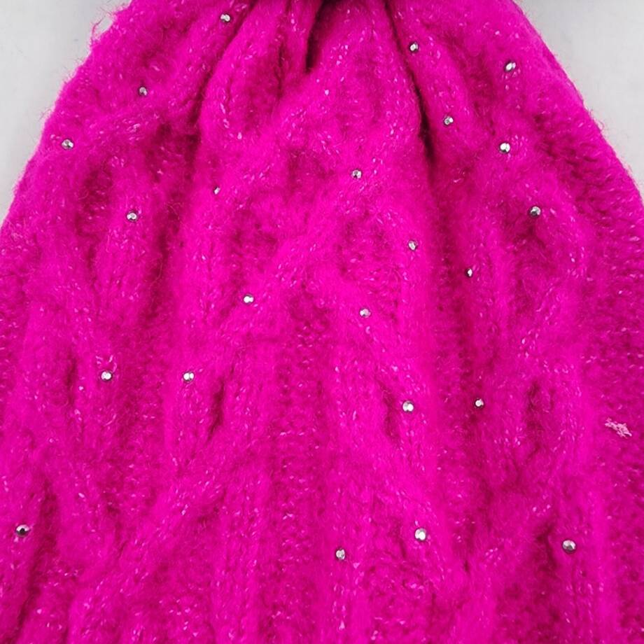 DKNY Stud Embellishments Cable-Knit Pom Pom Hat Women's One Size Fuchsia