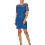 Adrianna Papell 3D Floral Beaded Sheath Dress Women's 16 Blue Horizon Back Zip