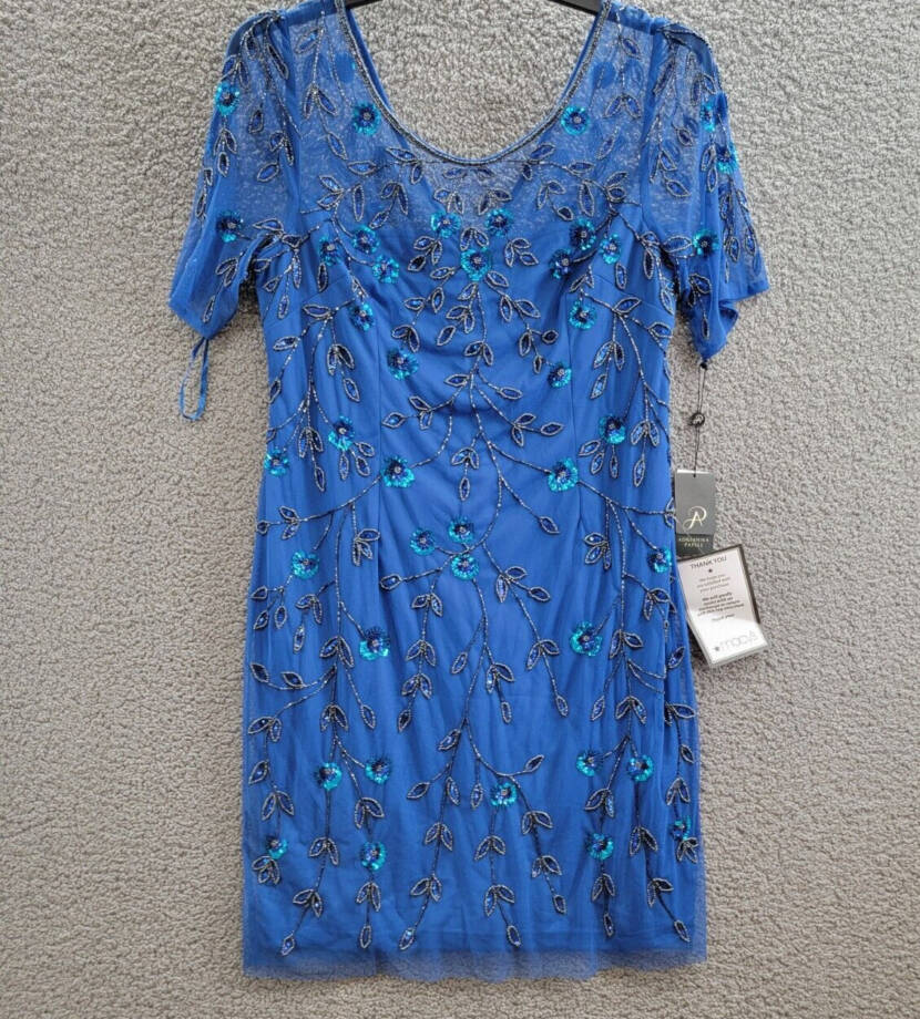 Adrianna Papell 3D Floral Beaded Sheath Dress Women's 16 Blue Horizon Back Zip