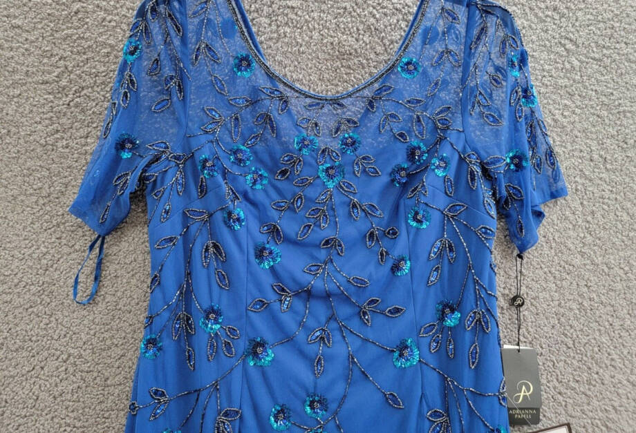 Adrianna Papell 3D Floral Beaded Sheath Dress Women's 16 Blue Horizon Back Zip