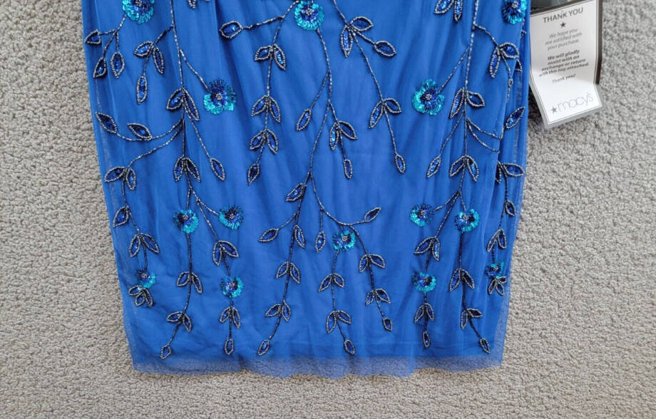 Adrianna Papell 3D Floral Beaded Sheath Dress Women's 16 Blue Horizon Back Zip