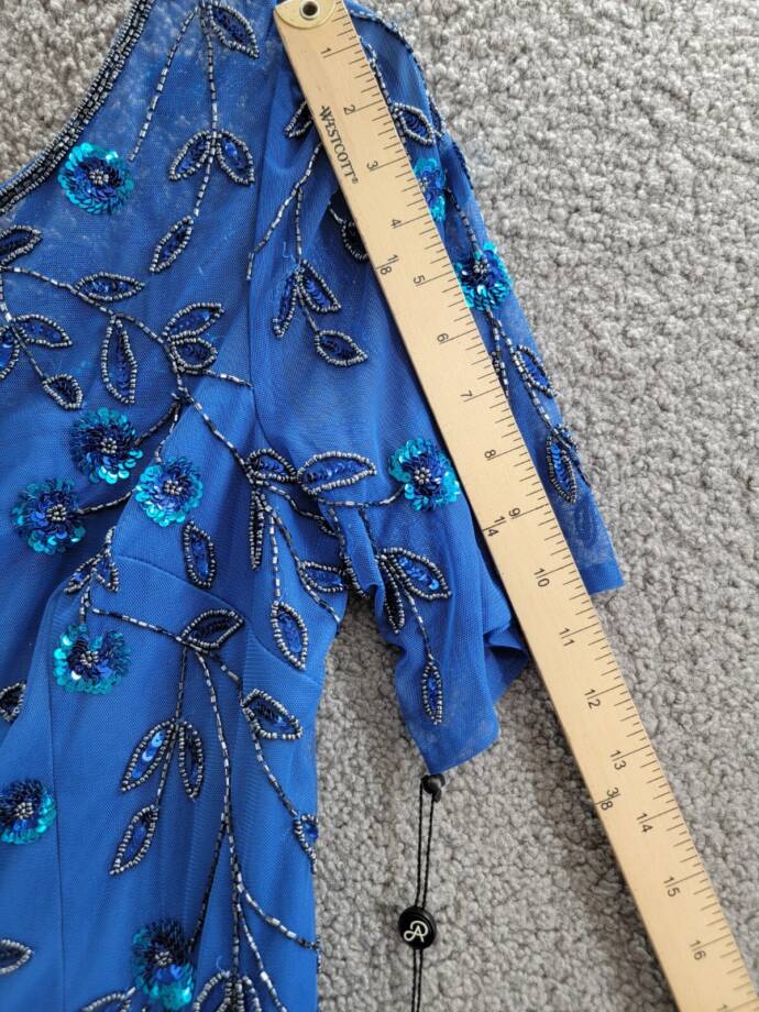 Adrianna Papell 3D Floral Beaded Sheath Dress Women's 16 Blue Horizon Back Zip