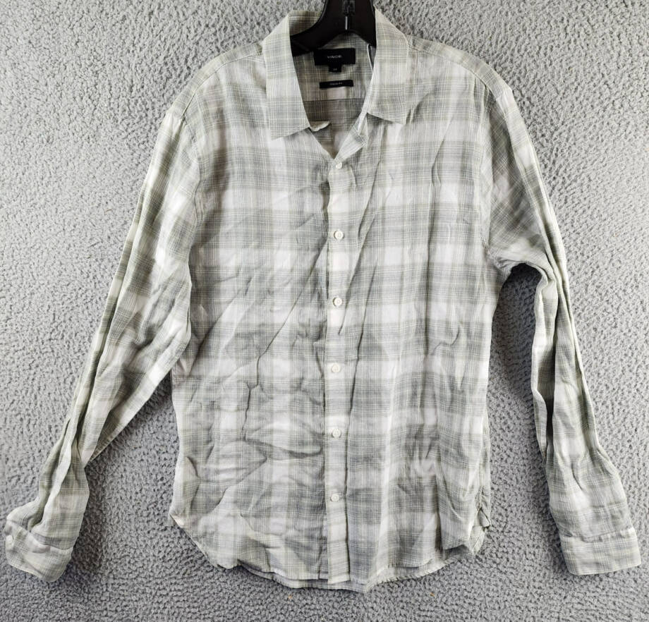 Vince Salton Plaid Sport Button Up Shirt Men S Alabaster Linen Blend Long Sleeve