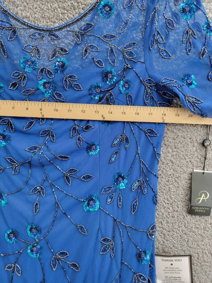 Adrianna Papell 3D Floral Beaded Sheath Dress Women's 16 Blue Horizon Back Zip