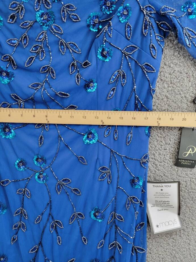 Adrianna Papell 3D Floral Beaded Sheath Dress Women's 16 Blue Horizon Back Zip