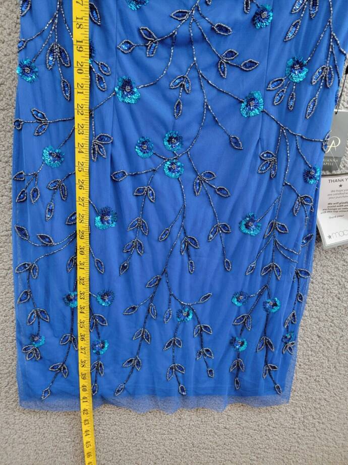 Adrianna Papell 3D Floral Beaded Sheath Dress Women's 16 Blue Horizon Back Zip