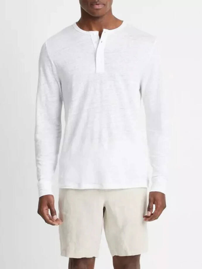 Vince Long Sleeve Linen Henley Shirt Men's XXL Optic White Four-Button Pullover