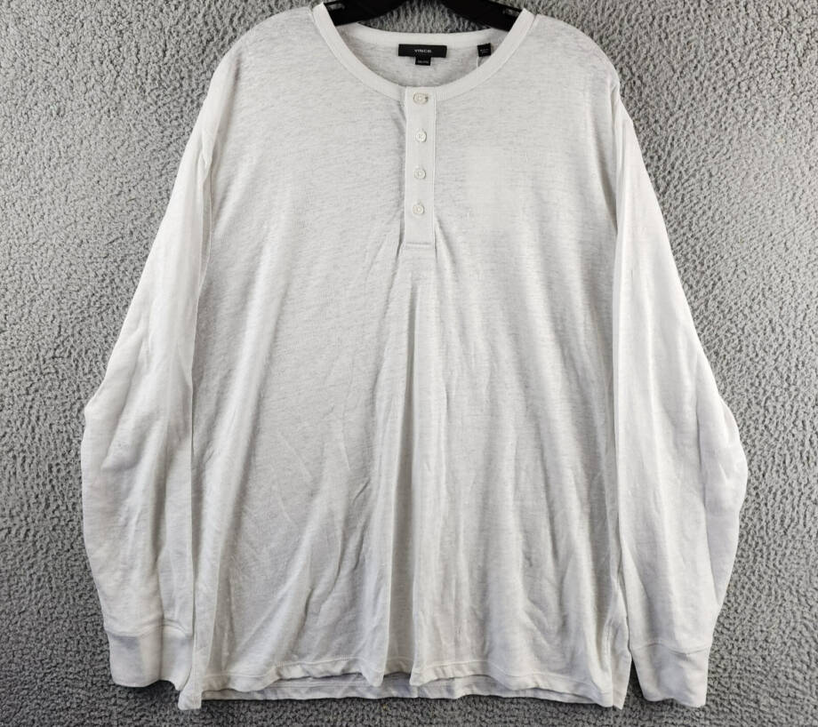 Vince Long Sleeve Linen Henley Shirt Men's XXL Optic White Four-Button Pullover
