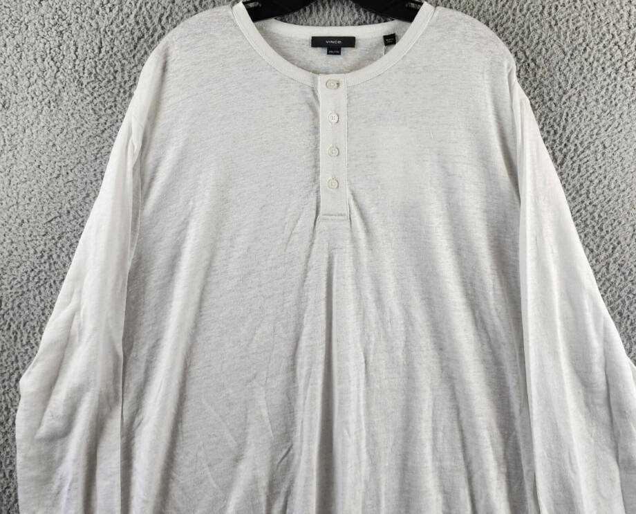 Vince Long Sleeve Linen Henley Shirt Men's XXL Optic White Four-Button Pullover