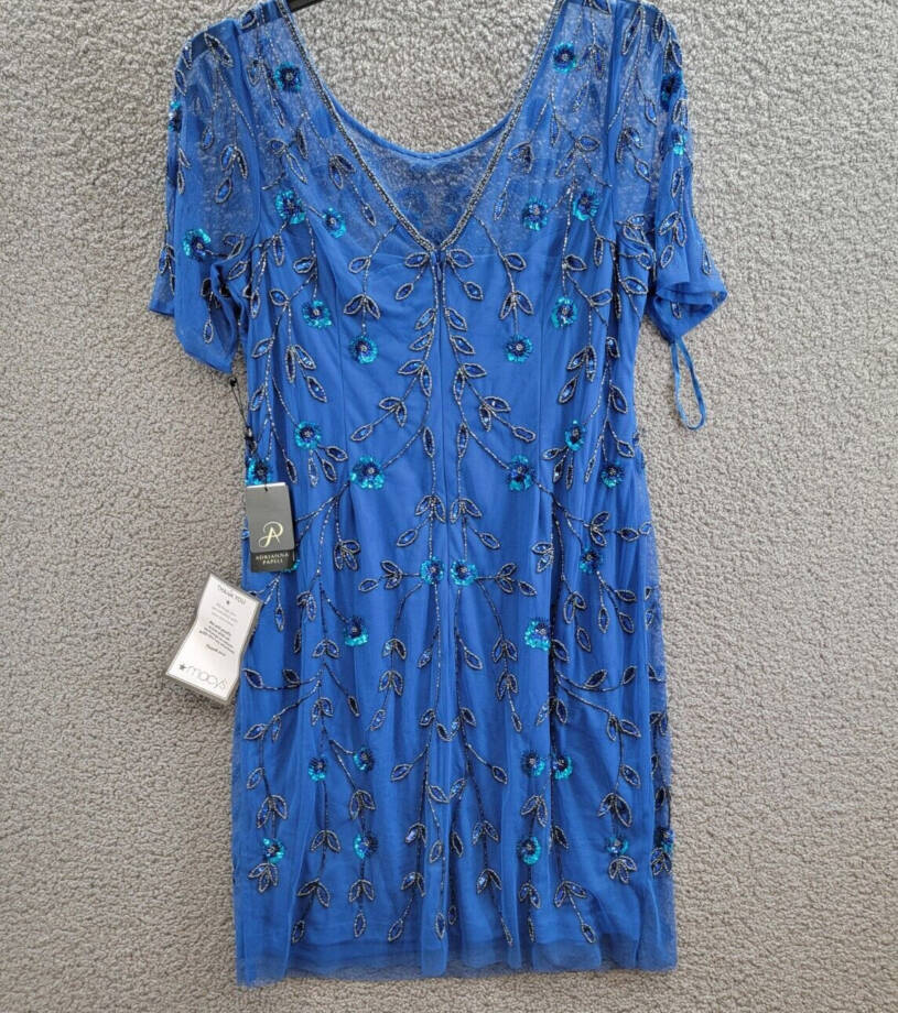 Adrianna Papell 3D Floral Beaded Sheath Dress Women's 16 Blue Horizon Back Zip