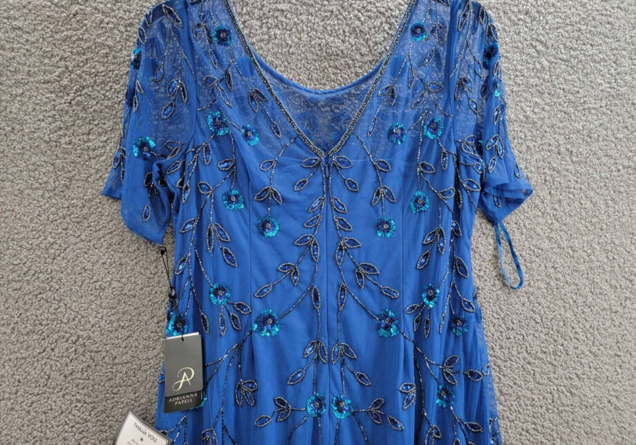 Adrianna Papell 3D Floral Beaded Sheath Dress Women's 16 Blue Horizon Back Zip