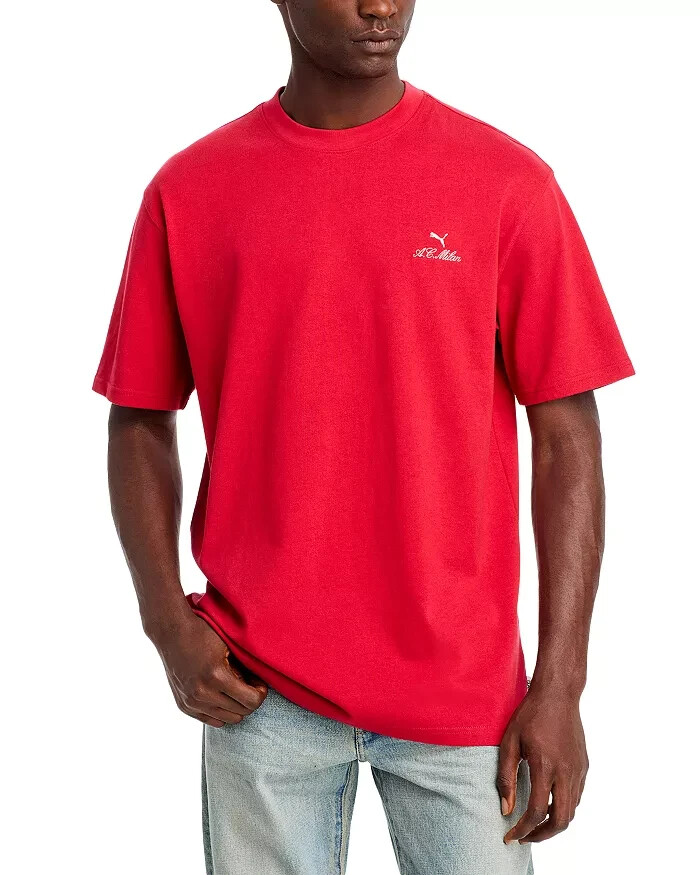 PUMA A.C. Milan T-Shirt Men's L Red Embroidered Logo Crew Neck Short Sleeve