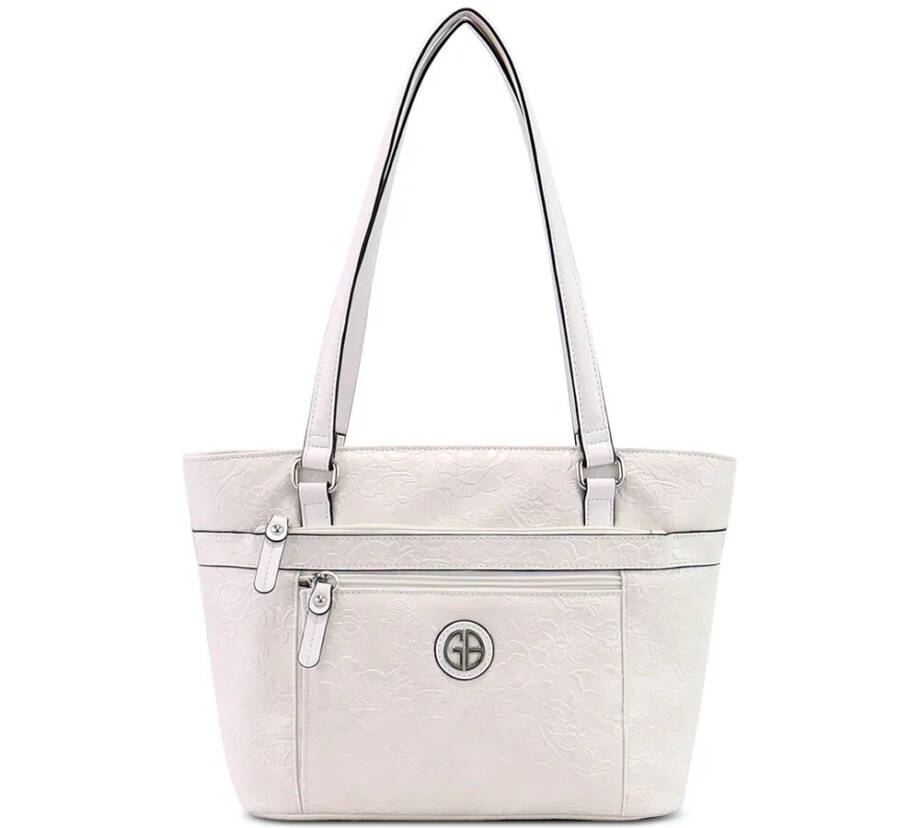 Giani Bernini Faux Leather Tooling Tote Women's Ivory Embossed Floral Zip Top