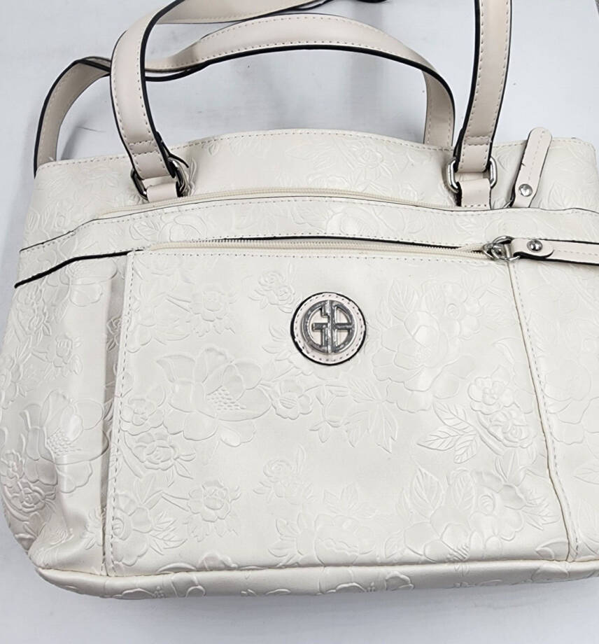 Giani Bernini Faux Leather Tooling Tote Women's Ivory Embossed Floral Zip Top