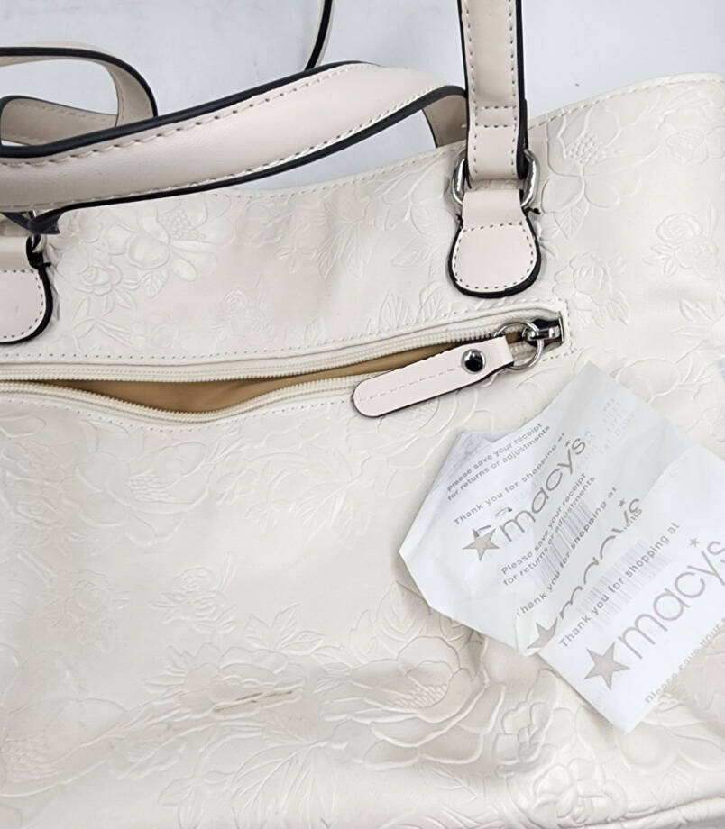 Giani Bernini Faux Leather Tooling Tote Women's Ivory Embossed Floral Zip Top