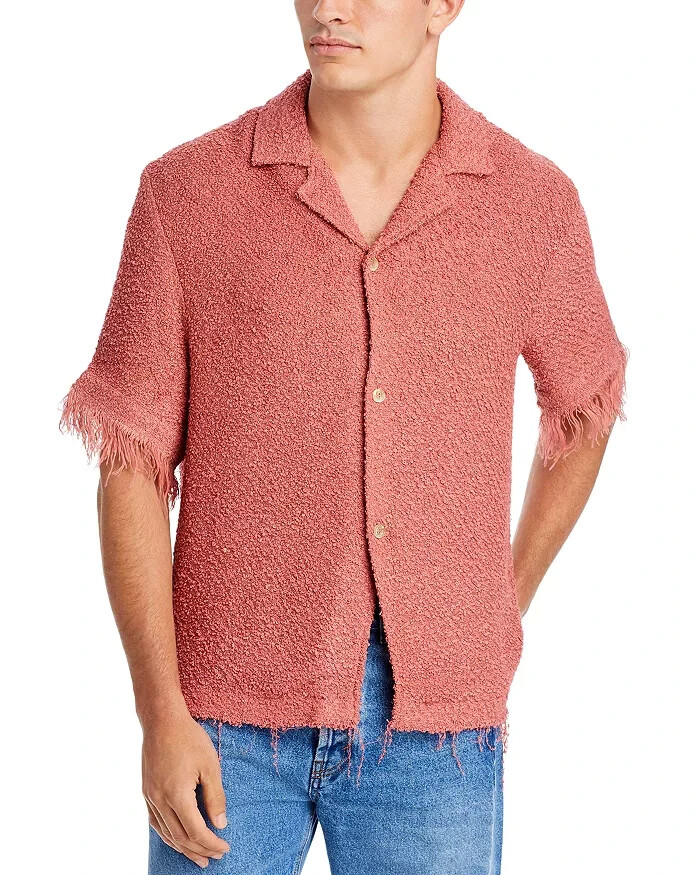Séfr Fausto Textured Shirt with Fringe Men's XL Red Button Closure Short Sleeves