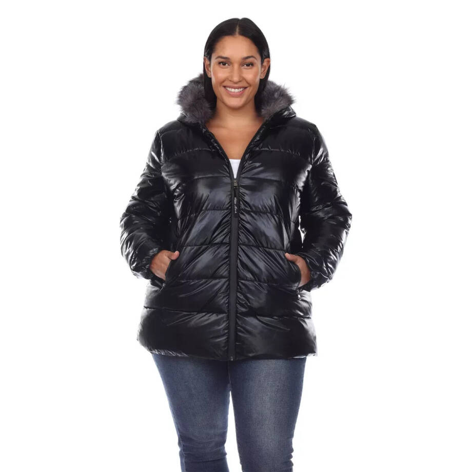 White Mark Plus Size Metallic Puffer Coat with Hoodie Women's 1XL Black
