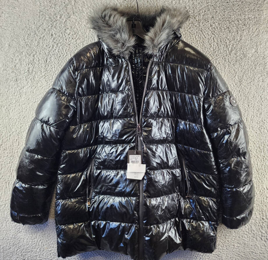 White Mark Plus Size Metallic Puffer Coat with Hoodie Women's 1XL Black