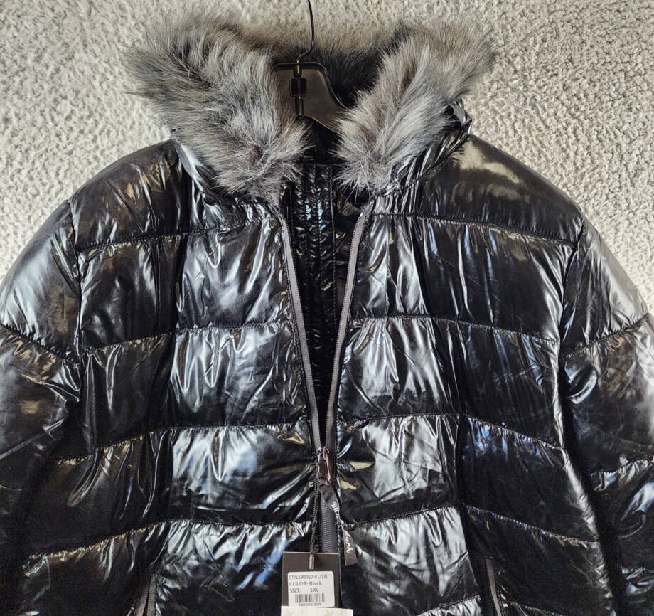 White Mark Plus Size Metallic Puffer Coat with Hoodie Women's 1XL Black