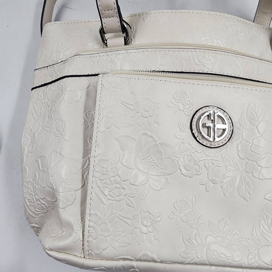 Giani Bernini Faux Leather Tooling Tote Women's Ivory Embossed Floral Zip Top
