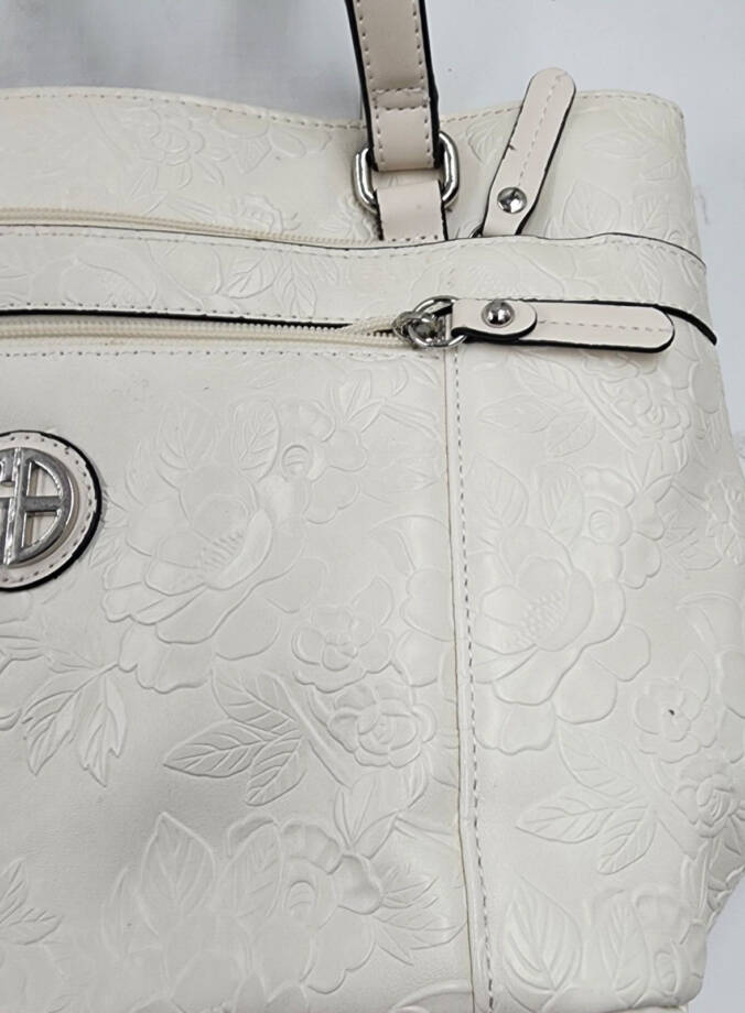 Giani Bernini Faux Leather Tooling Tote Women's Ivory Embossed Floral Zip Top