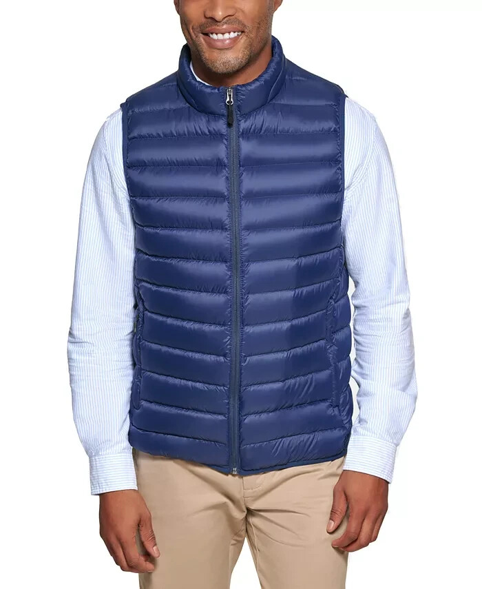 Club Room Quilted Packable Puffer Vest Men's M Navy Solid Stand Collar Full Zip+