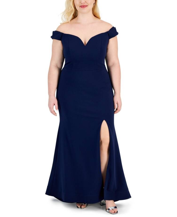B. Darlin Off-The-Shoulder Lace-Up Gown Juniors 22W Navy Sweetheart Back Zip