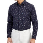 Bar III Slim-Fit Spring Garden Dress Shirt Men's S 14-14.5 Navy Button Front L/S